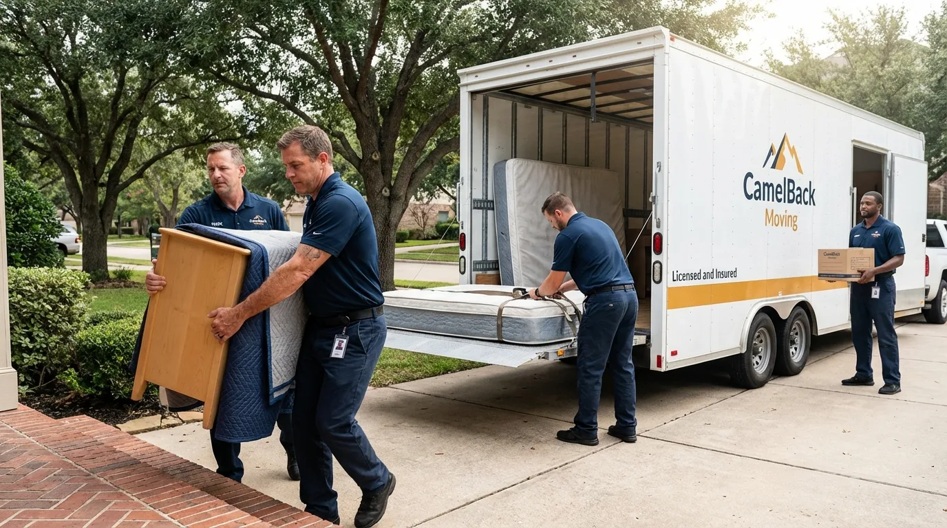 Crew loading residential truck for cross-state move from Commerce, TX