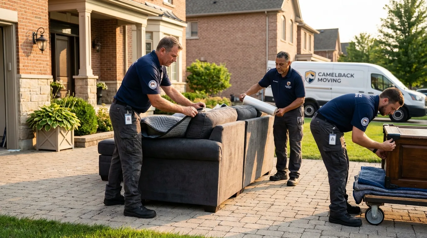 Large estate moving crew wrapping furniture in Commerce, TX