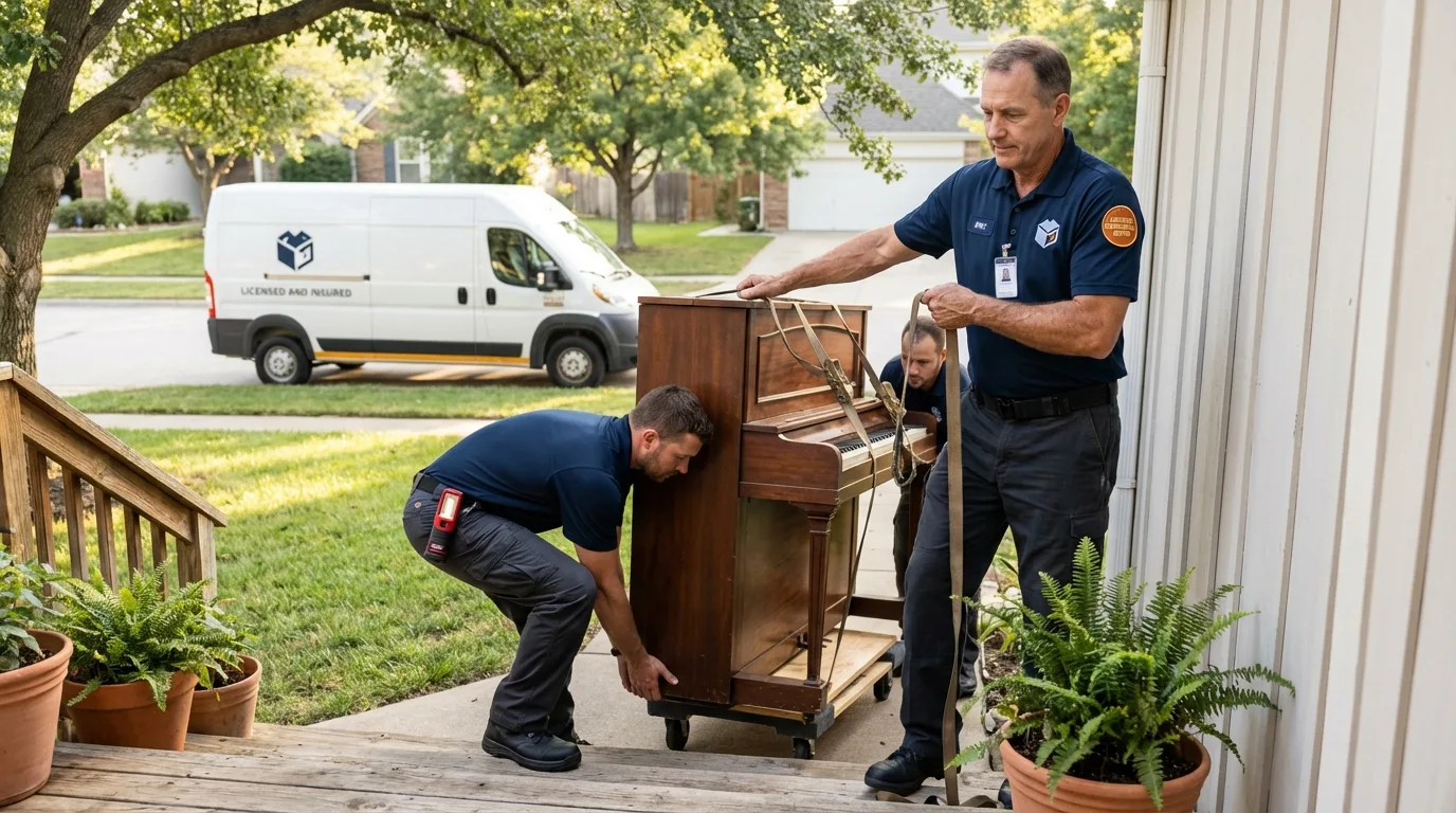 Licensed piano movers securing grand piano in Commerce, TX