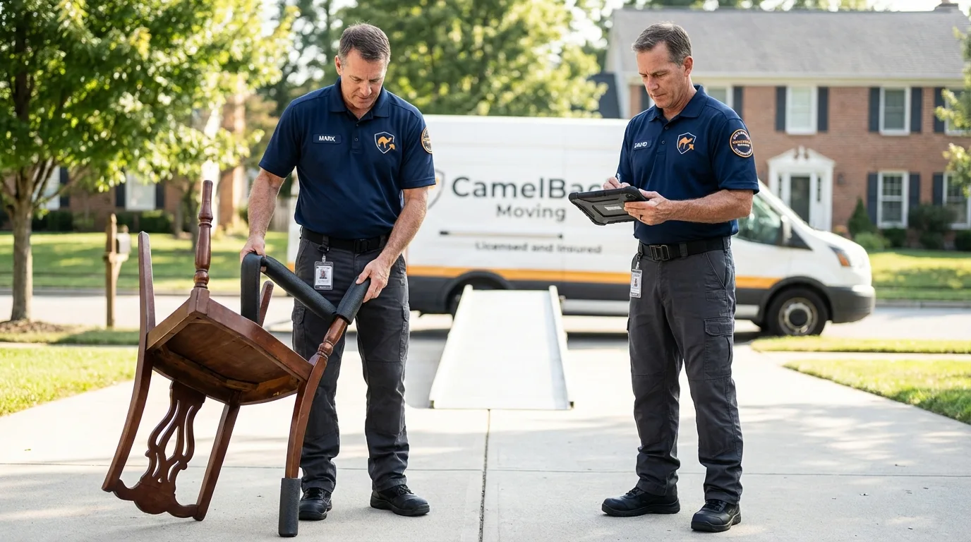 Movers inspecting furniture for damage prevention before loading in Commerce, TX