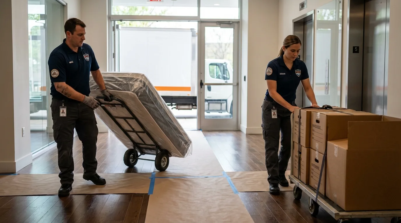 Professional apartment movers loading elevator in Commerce, TX