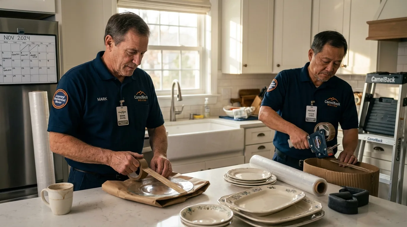 Professional crew packing kitchen dishware in Commerce, TX